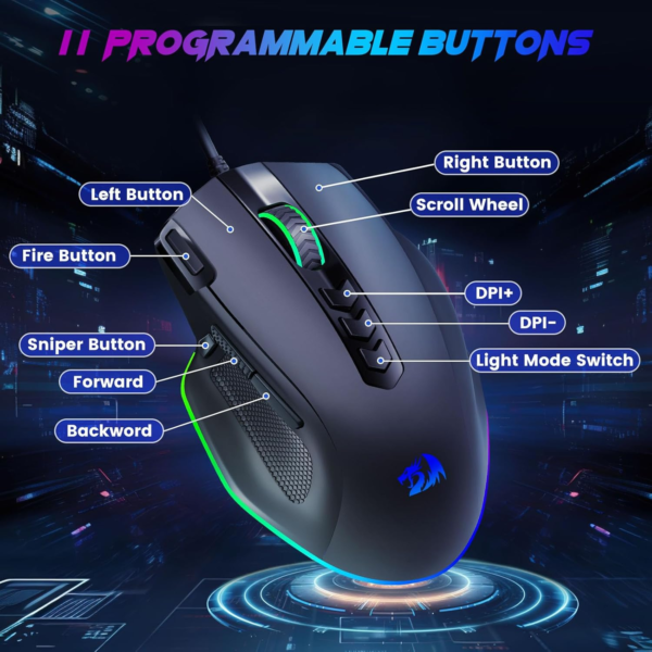 Wired Gaming Mouse, RGB Backlit Ergonomic Gamer Mouse up to 8000 DPI, 11 Programmable Buttons & 7 Backlit Modes, Extra Sniper Button, Mouse Gamer for Windows PC Gamers, M614 - Image 3