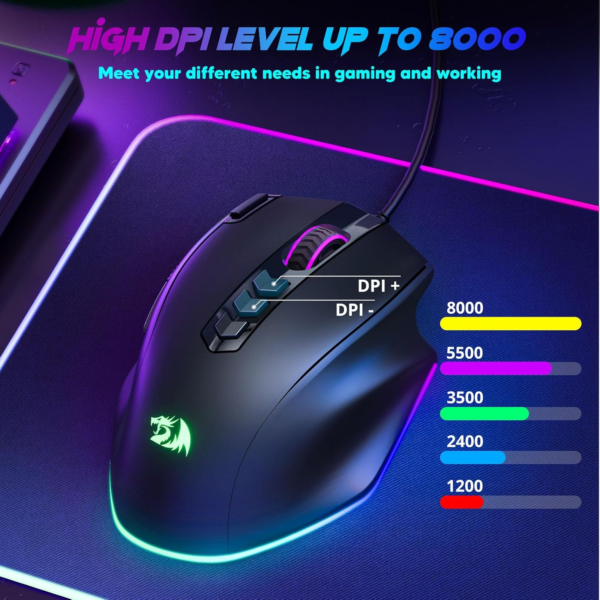 Wired Gaming Mouse, RGB Backlit Ergonomic Gamer Mouse up to 8000 DPI, 11 Programmable Buttons & 7 Backlit Modes, Extra Sniper Button, Mouse Gamer for Windows PC Gamers, M614 - Image 4