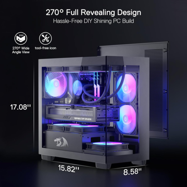 GC218M Gaming Back-Mounted PC Case, M-ATX Computer Chassis W/ 2 X 120Mm Fans Pre-Installed & High Airflow Perforated Panels, 270° Full View, Easy Cable Management, Black - Image 3