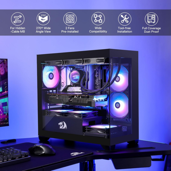 GC218M Gaming Back-Mounted PC Case, M-ATX Computer Chassis W/ 2 X 120Mm Fans Pre-Installed & High Airflow Perforated Panels, 270° Full View, Easy Cable Management, Black - Image 7