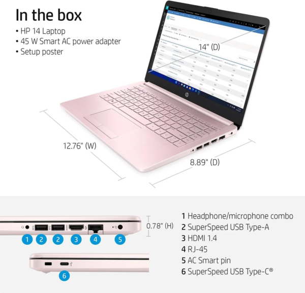 Portable Laptop (Include 1 Year Microsoft 365), 14’’ HD Display, 16GB RAM, 64GB Emmc, Intel Quad-Core N4120, Student and Business, Webcam, HDMI, Wi-Fi, RJ-45, Windows 11 Home, Pink - Image 3