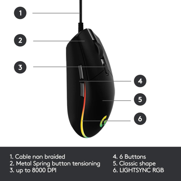 203 Wired Gaming Mouse, 8,000 DPI, Rainbow Optical Effect LIGHTSYNC RGB, 6 Programmable Buttons, On-Board Memory, Screen Mapping, Pc/Mac Computer and Laptop Compatible - Black - Image 6