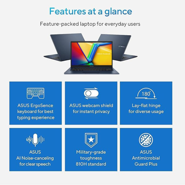 Vivobook Laptop, 14" FHD Display, I3-1215U, 16GB RAM, 512GB SSD, Wi-Fi 6, HDMI, Webcam, Touchpad, Windows 11 Home, Blue - Image 5