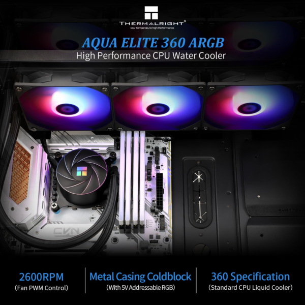 Aqua Elite 360 ARGB CPU Aio Cooler, 360 CPU Liquid Cooling, Pump Head Speed up to 6400Rpm,For AM4/AM5, Intel Lga1851/1150/1151/1200/2011/1700,High Performance Radiator - Image 2