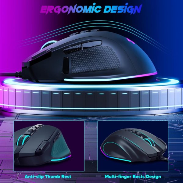 Wired Gaming Mouse, RGB Backlit Ergonomic Gamer Mouse up to 8000 DPI, 11 Programmable Buttons & 7 Backlit Modes, Extra Sniper Button, Mouse Gamer for Windows PC Gamers, M614 - Image 6