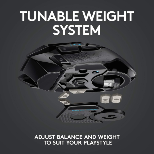 502 Lightspeed Wireless Gaming Mouse with Hero 25K Sensor, Powerplay Compatible, Tunable Weights and Lightsync RGB - Black - Image 7
