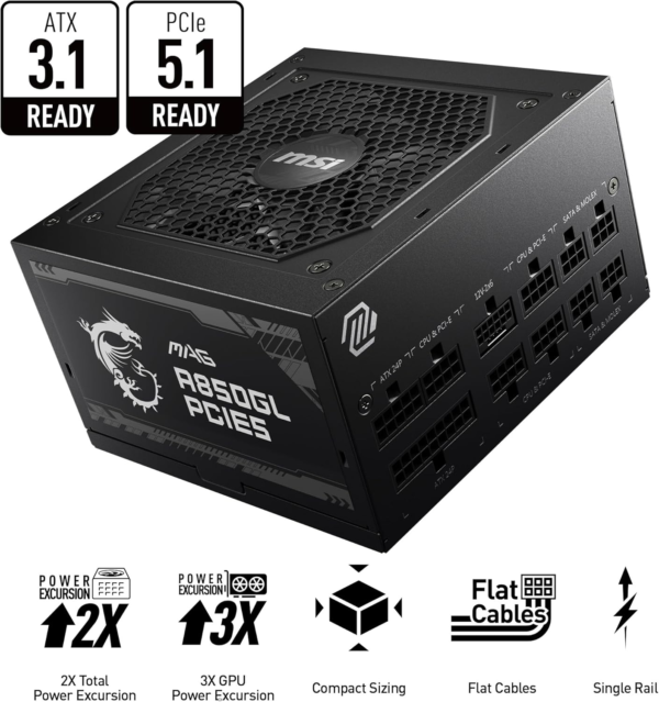 MAG A850GL PCIE 5.1 & ATX 3.1 Gaming Power Supply - Full Modular - 80 plus Gold Certified 850W - Compact Size - ATX PSU - 10 Year Warranty - Image 2