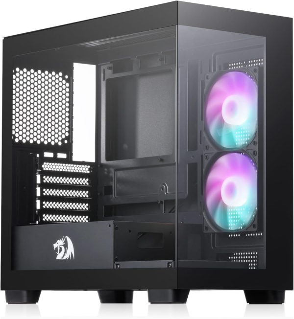 GC218M Gaming Back-Mounted PC Case, M-ATX Computer Chassis W/ 2 X 120Mm Fans Pre-Installed & High Airflow Perforated Panels, 270° Full View, Easy Cable Management, Black