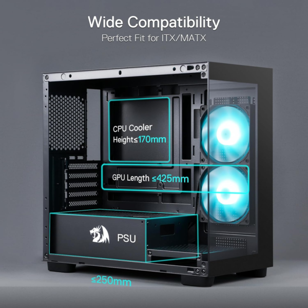 GC218M Gaming Back-Mounted PC Case, M-ATX Computer Chassis W/ 2 X 120Mm Fans Pre-Installed & High Airflow Perforated Panels, 270° Full View, Easy Cable Management, Black - Image 4