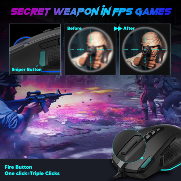 Wired Gaming Mouse, RGB Backlit Ergonomic Gamer Mouse up to 8000 DPI, 11 Programmable Buttons & 7 Backlit Modes, Extra Sniper Button, Mouse Gamer for Windows PC Gamers, M614 - Image 5