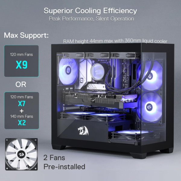 GC218M Gaming Back-Mounted PC Case, M-ATX Computer Chassis W/ 2 X 120Mm Fans Pre-Installed & High Airflow Perforated Panels, 270° Full View, Easy Cable Management, Black - Image 5